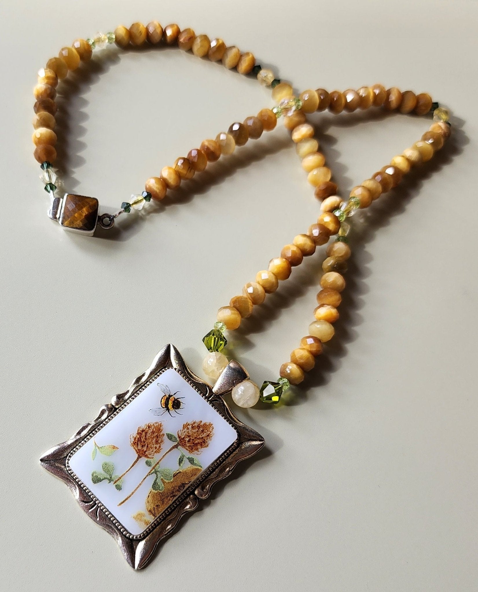 Golden Tiger's Eye Flower and Bee Necklace - UniqueCherie