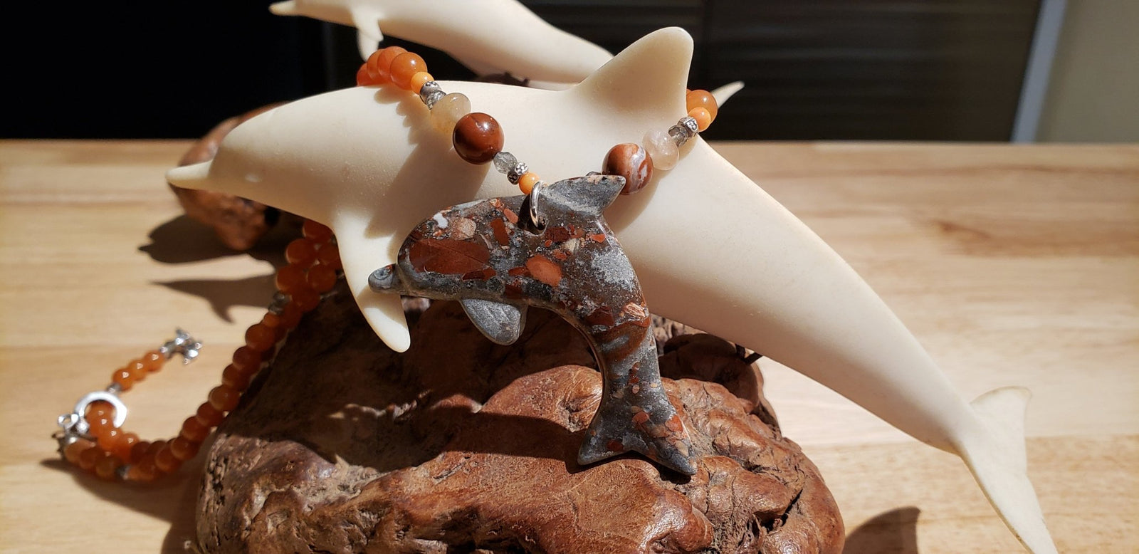 Jasper and Red Aventurine Dolphin Necklace - UniqueCherie