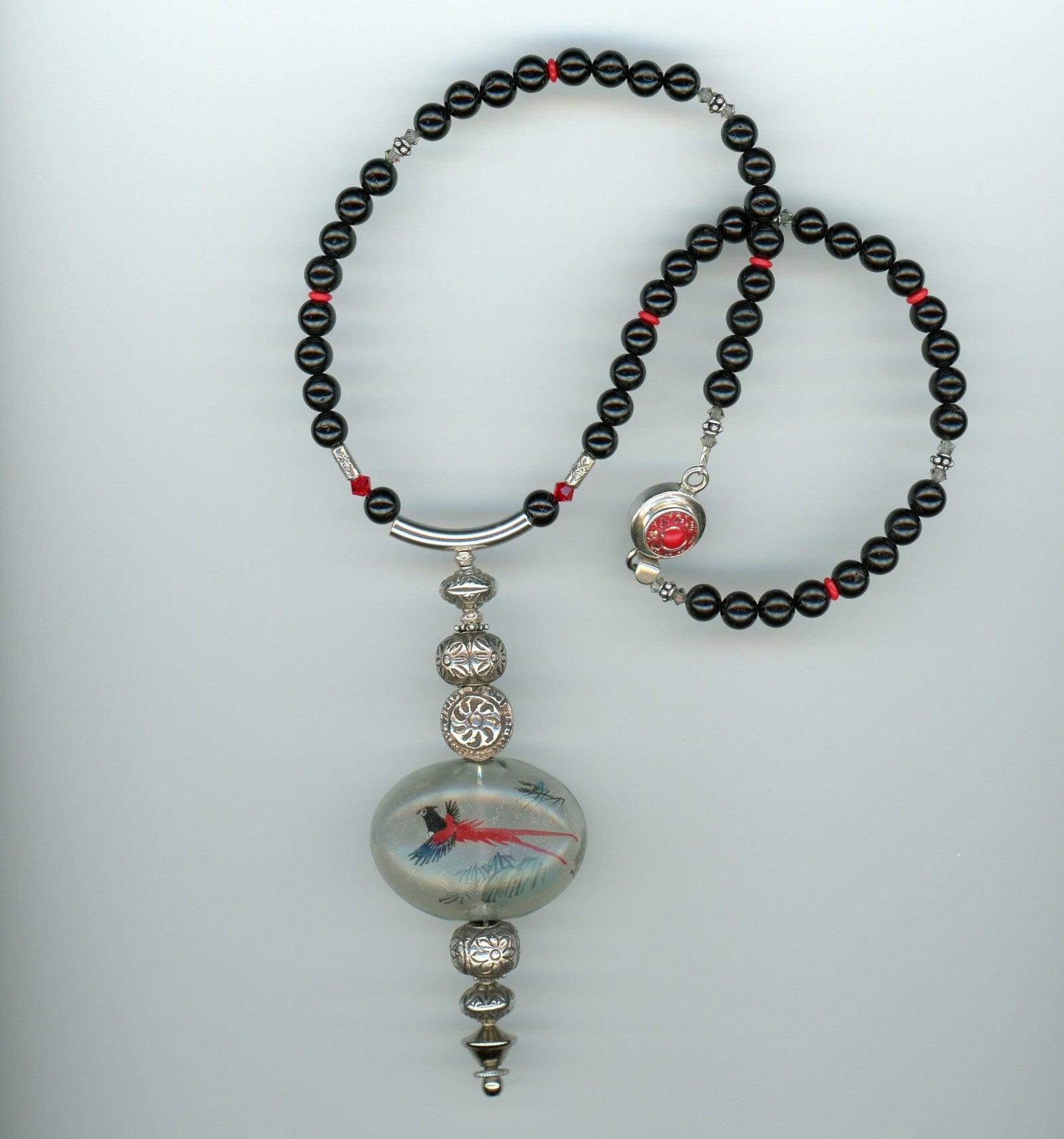 Phoenix Rising Vintage Glass, Tourmaline and Sterling Silver Necklace - UniqueCherie