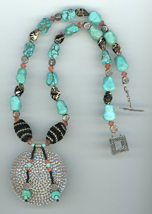 Turquoise Silver and Shell Necklace - UniqueCherie